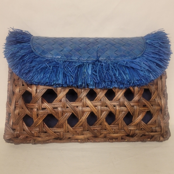 Anthropology Vincent Pradier Rattan Blue Fringe Wicker Clutch Woven Wood Straw - Picture 1 of 9